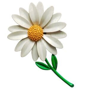 VTG 60s Brooch Enamel Mod Daisy White Yellow Green Flower Power Pin